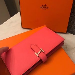 Hermès bearn wallet , rose azalee with gold buckle